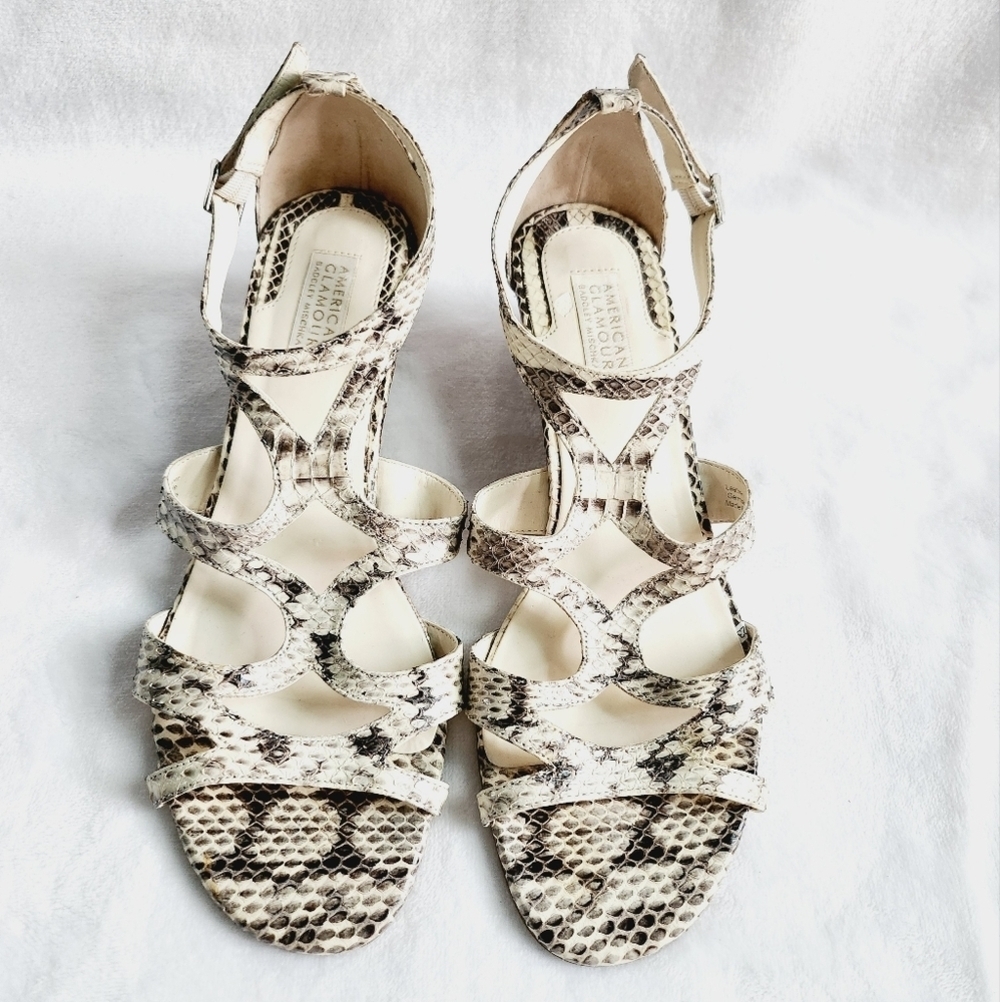 AMERICAN GLAMOUR BADGLEY MISCHKA snakeskin leather wedge sandals